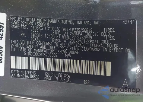 2012 Toyota Sienna Se 8 Passenger z USA, uszkodzony, nr VIN 5TDXK3DC9CS209608